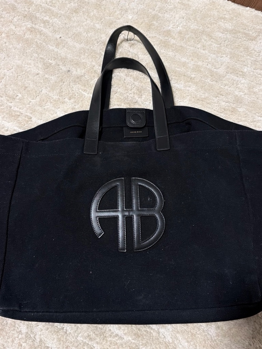 Anine Bing Black Canvas Tote with Leather AB Emblem